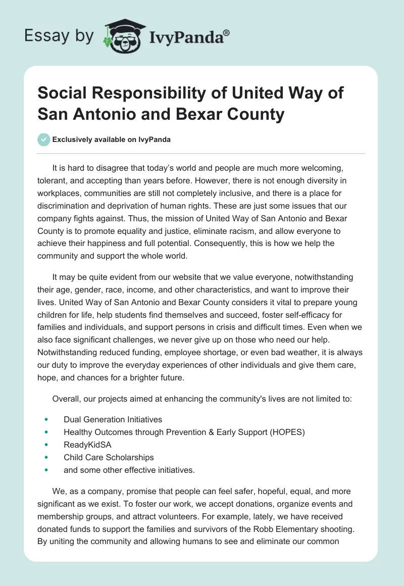 Social Responsibility of United Way of San Antonio and Bexar County. Page 1