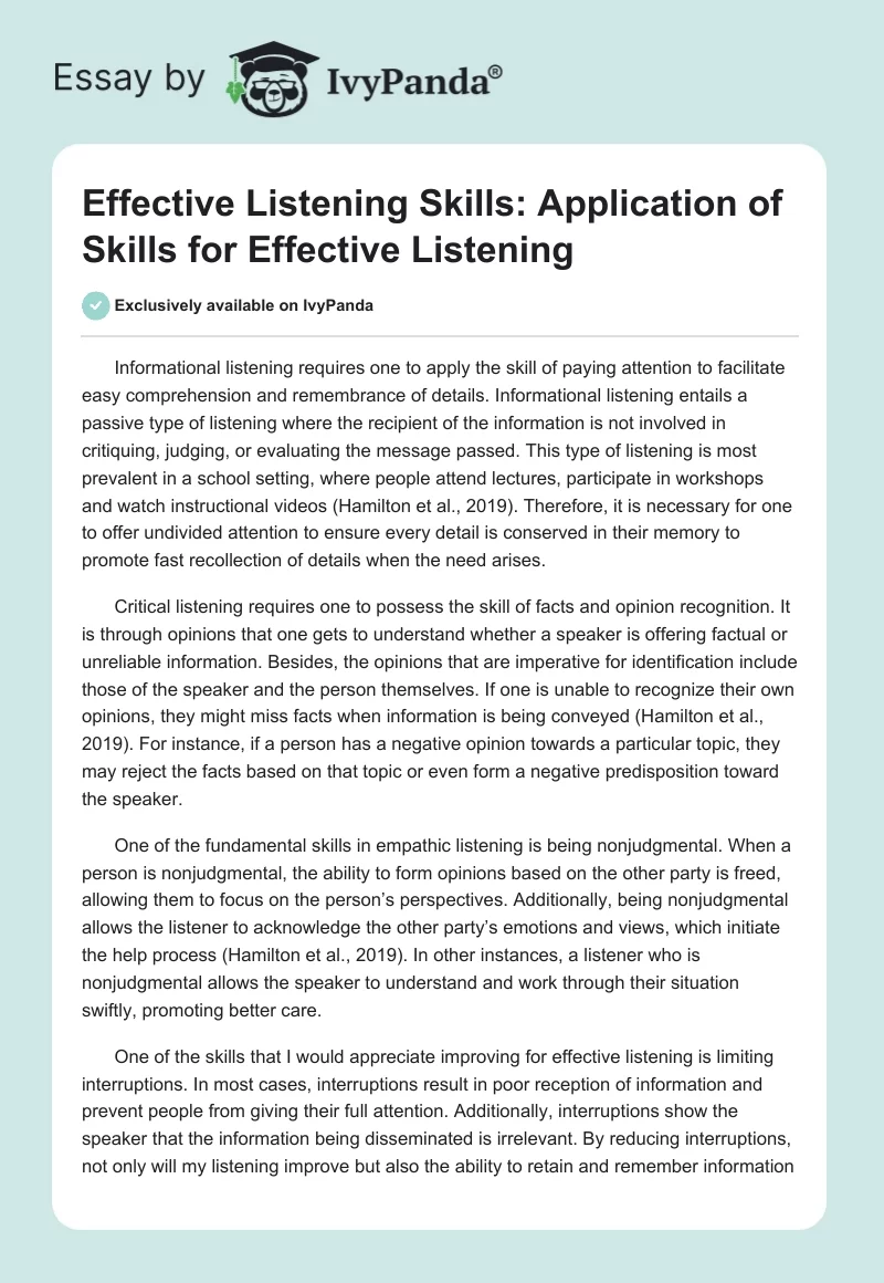 Effective Listening Skills: Application of Skills for Effective Listening. Page 1