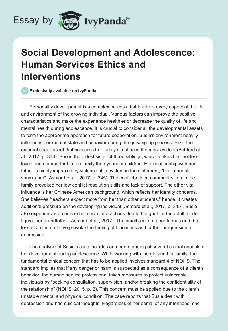 Social Development and Adolescence: Human Services Ethics and Interventions. Page 1