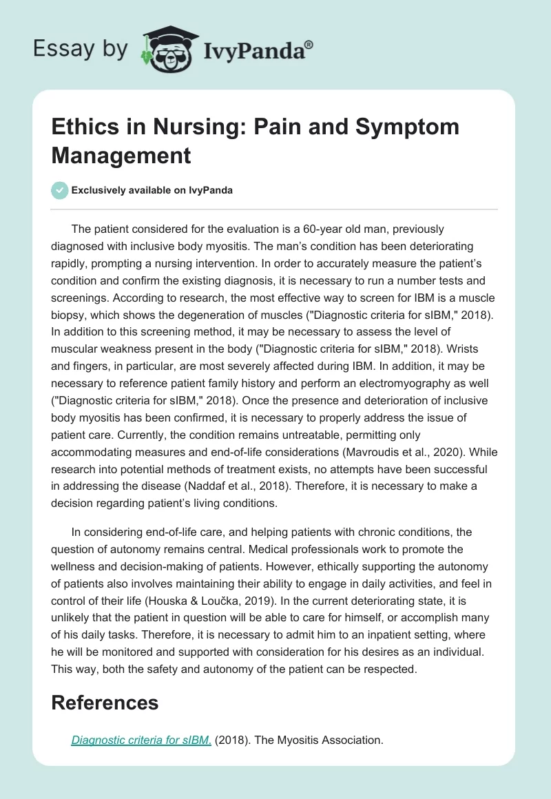 Ethics in Nursing: Pain and Symptom Management. Page 1