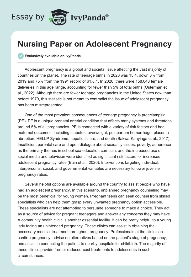 Nursing Paper on Adolescent Pregnancy. Page 1
