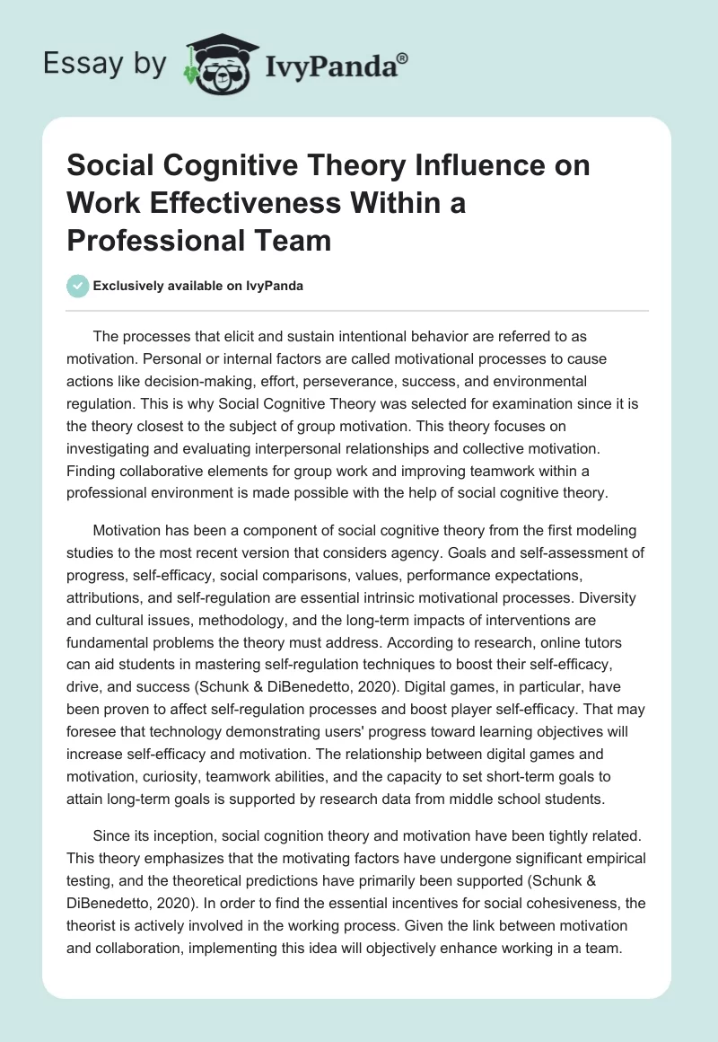 Social Cognitive Theory Influence on Work Effectiveness Within a Professional Team. Page 1