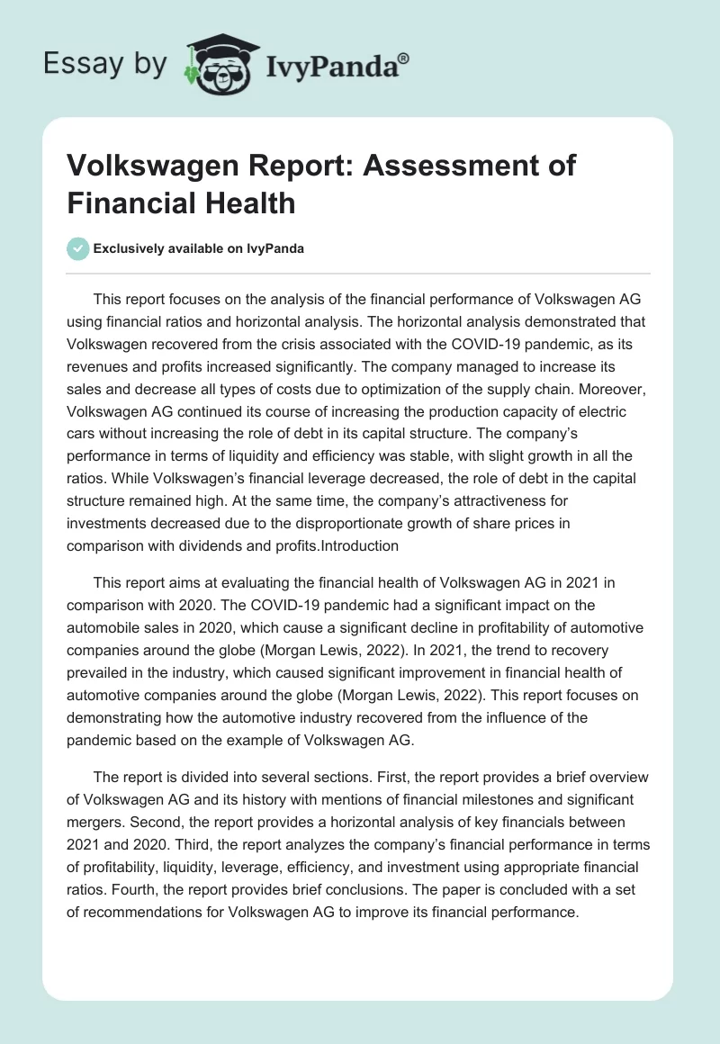 Volkswagen Report: Assessment of Financial Health. Page 1