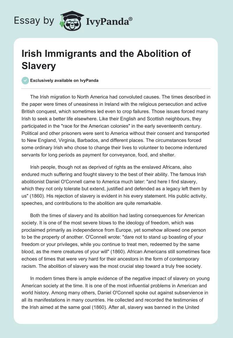 Irish Immigrants and the Abolition of Slavery. Page 1