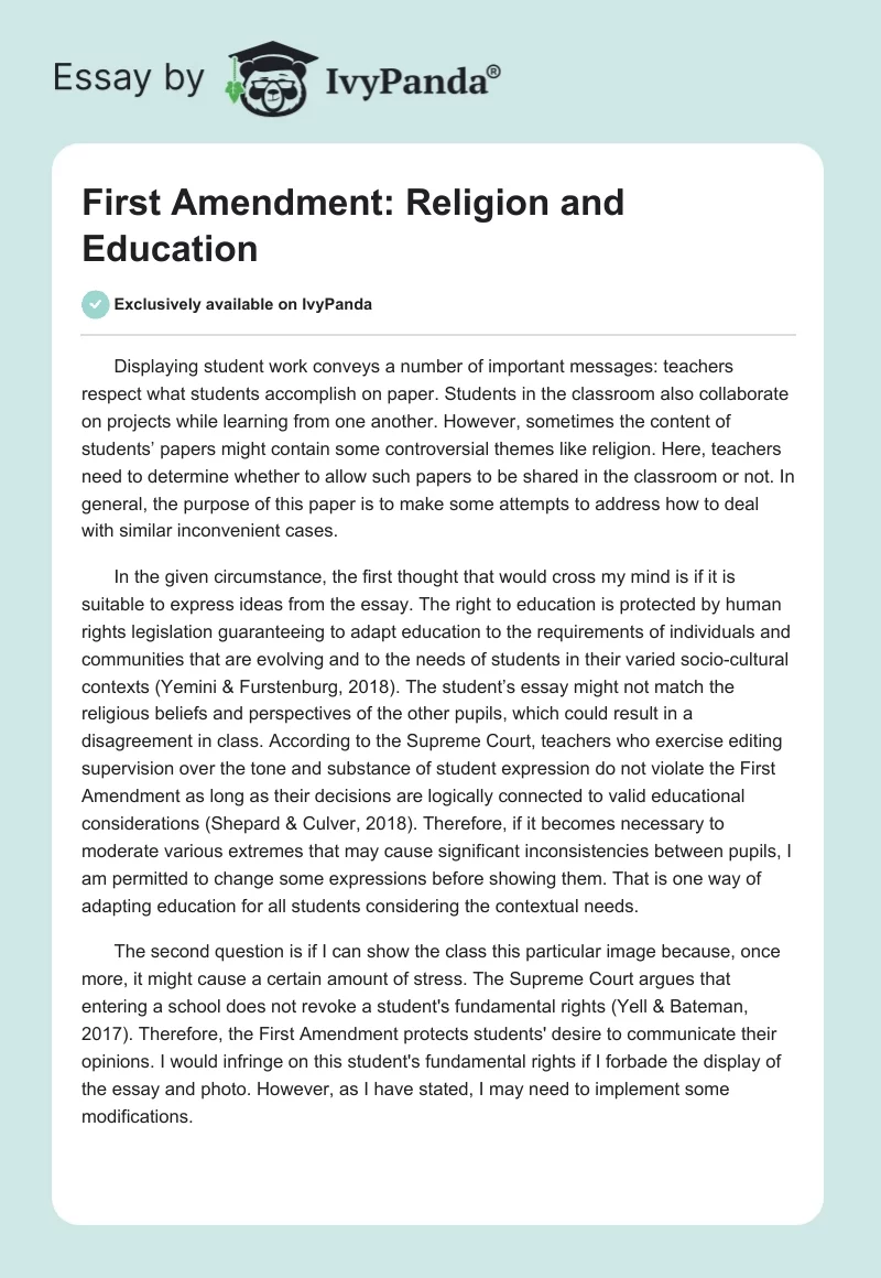 First Amendment: Religion and Education. Page 1