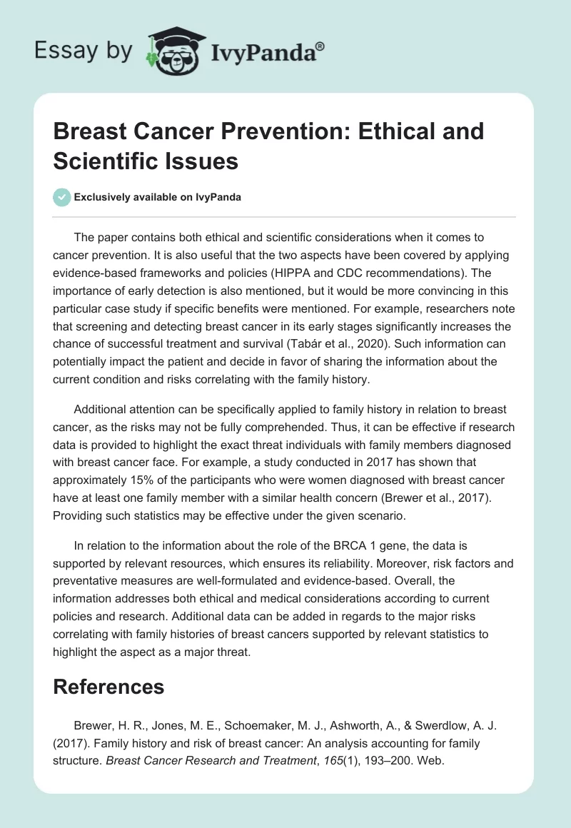 Breast Cancer Prevention: Ethical and Scientific Issues. Page 1