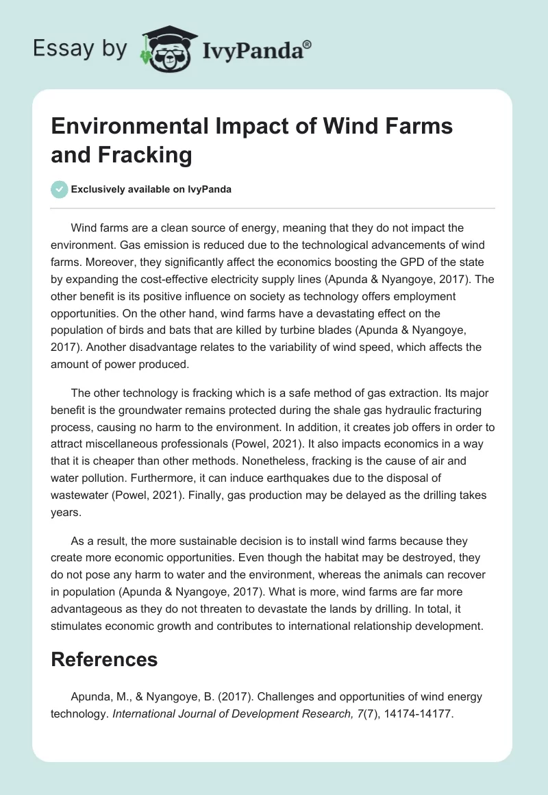 Environmental Impact of Wind Farms and Fracking. Page 1