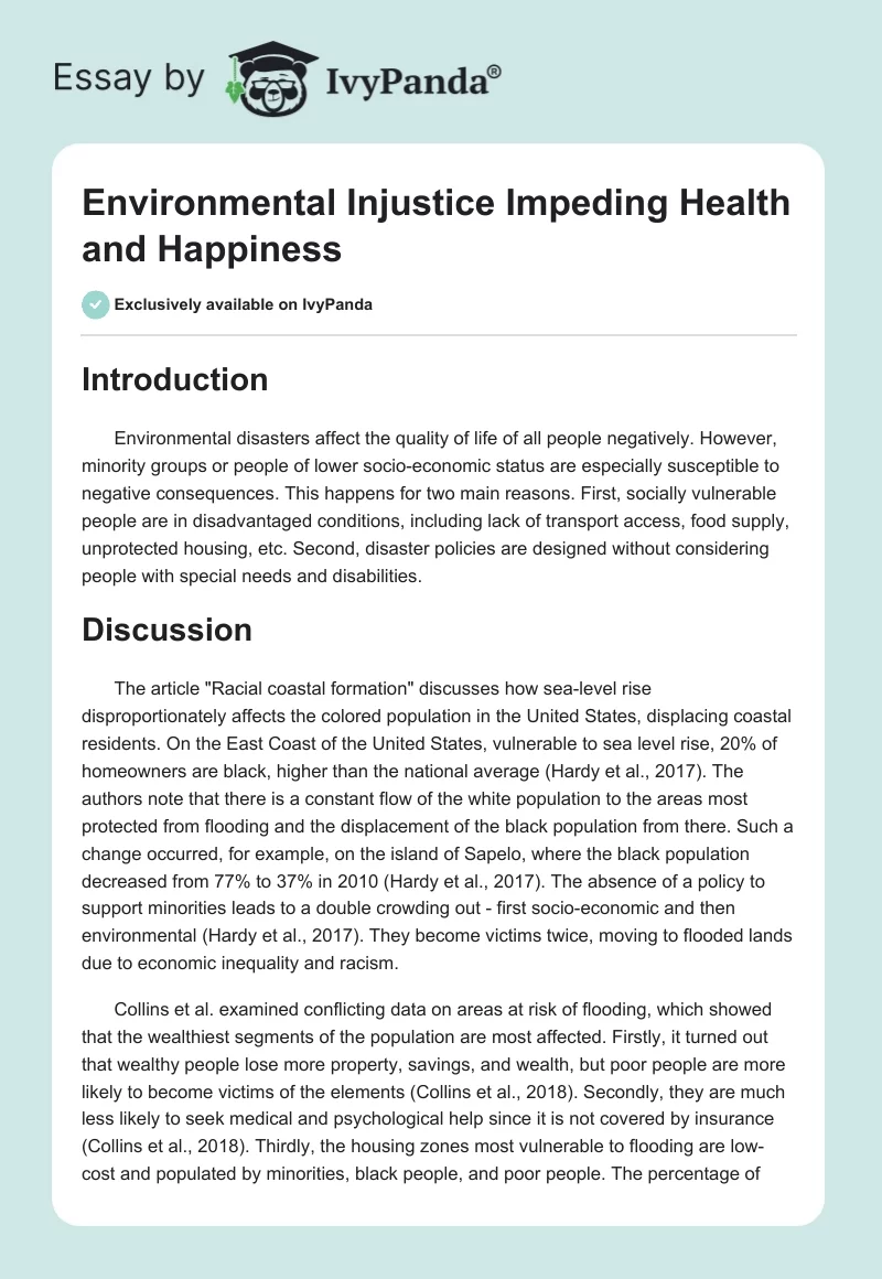 Environmental Injustice Impeding Health and Happiness. Page 1