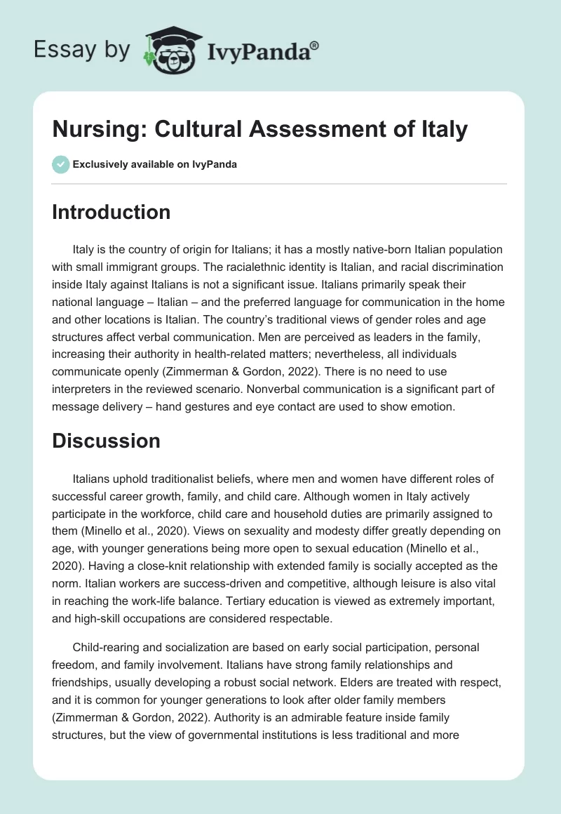 Nursing: Cultural Assessment of Italy. Page 1