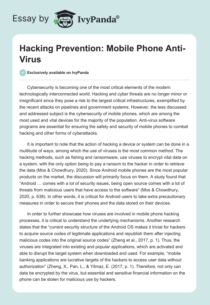 Hacking Prevention: Mobile Phone Anti-Virus. Page 1