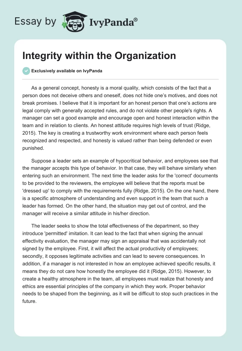 Integrity within the Organization. Page 1