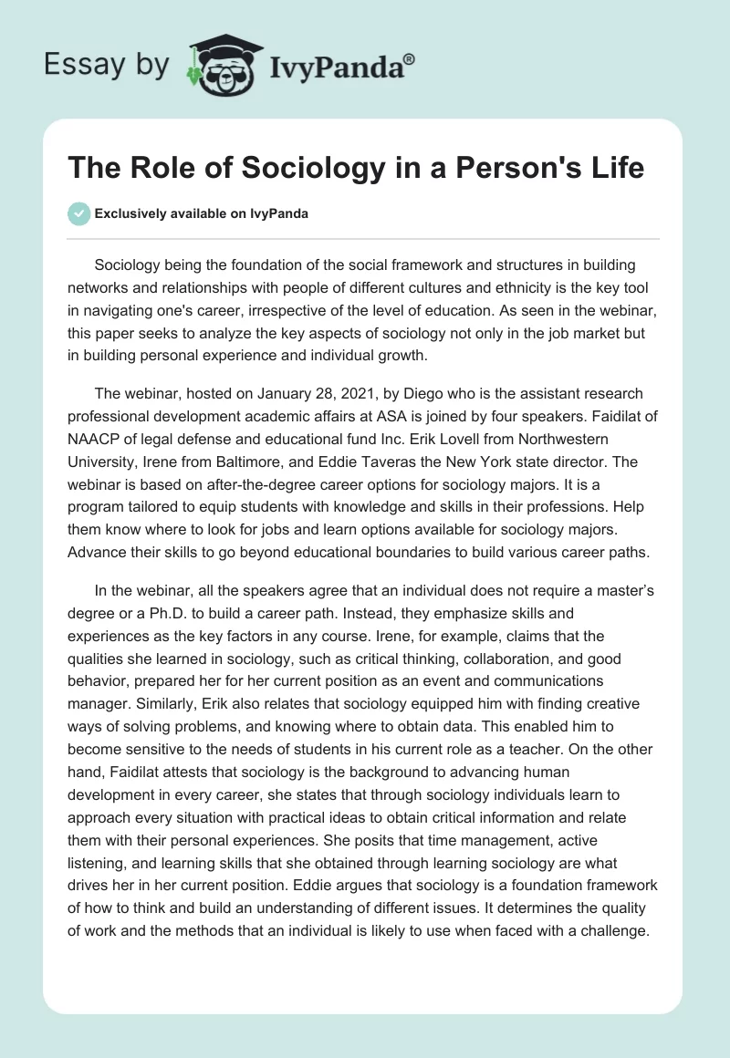 The Role of Sociology in a Person's Life. Page 1