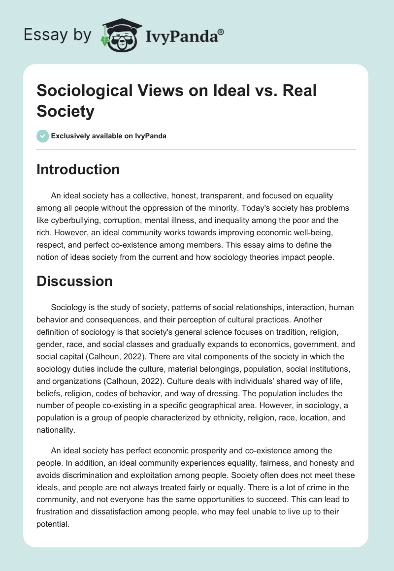 Sociological Views on Ideal vs. Real Society. Page 1