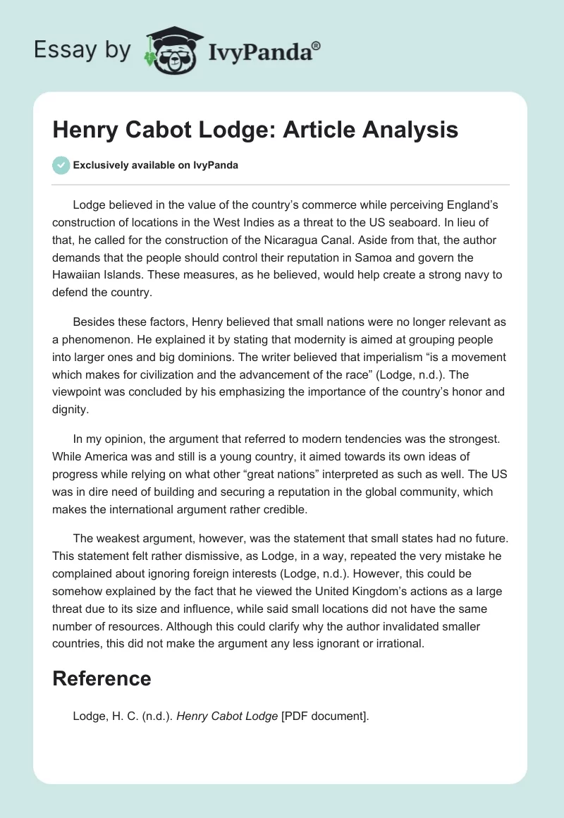 Henry Cabot Lodge: Article Analysis. Page 1
