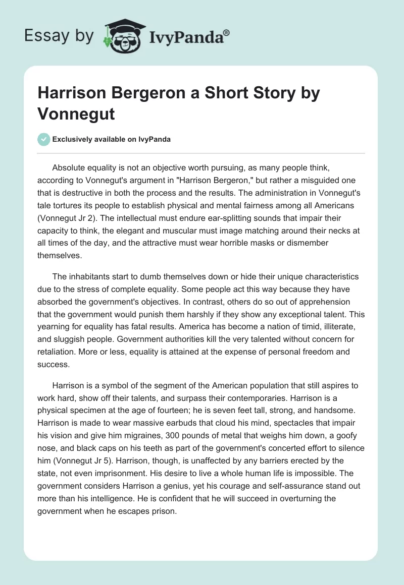 Harrison Bergeron A Short Story By Vonnegut 572 Words Essay Example