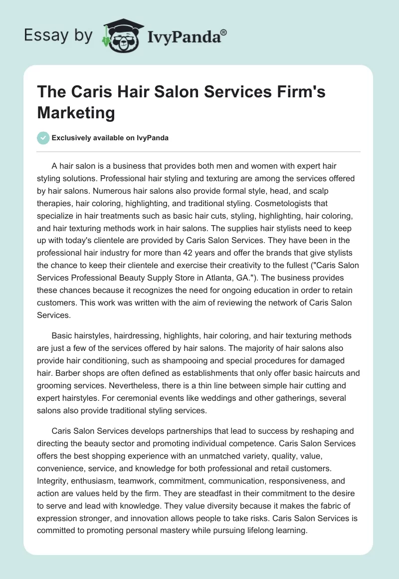 The Caris Hair Salon Services Firm's Marketing. Page 1