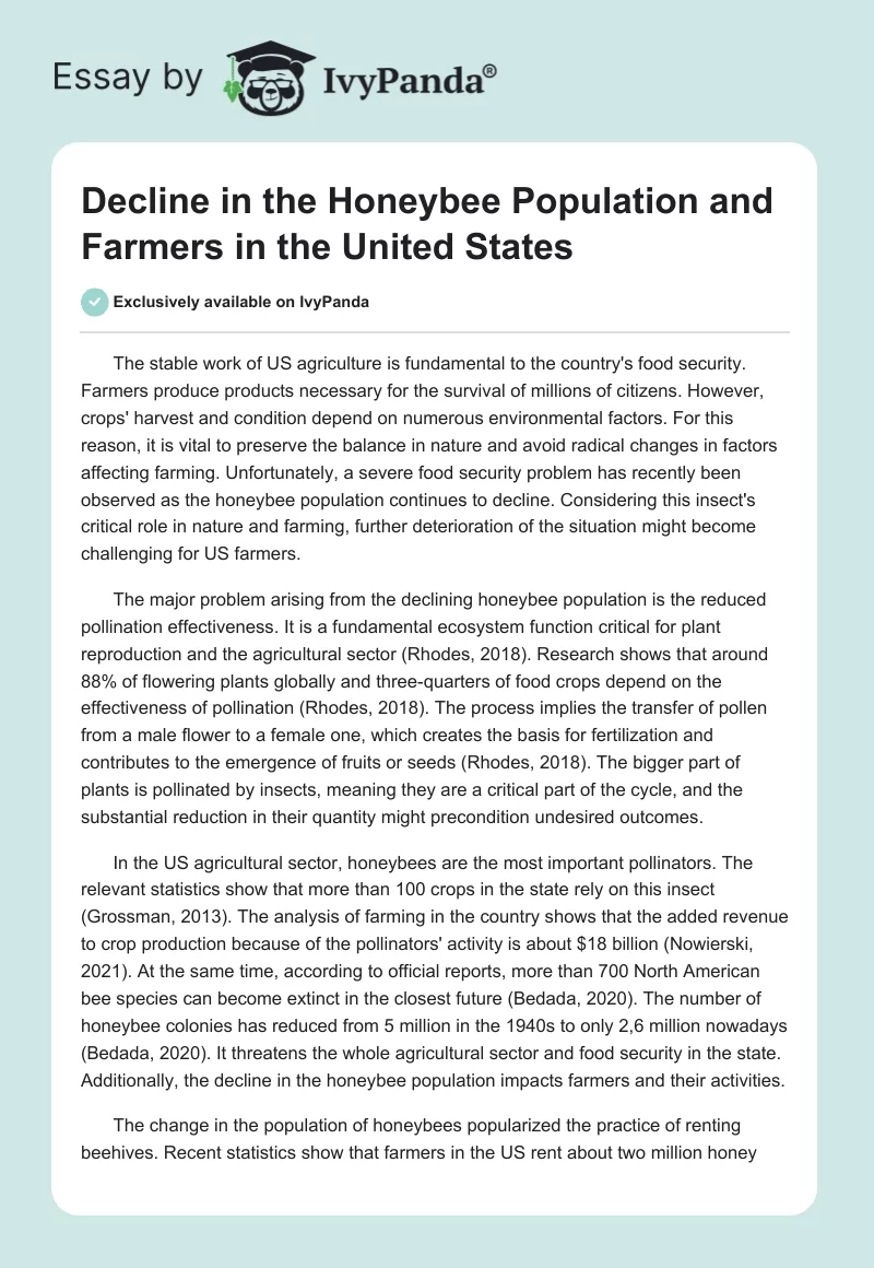 Decline in the Honeybee Population and Farmers in the United States. Page 1
