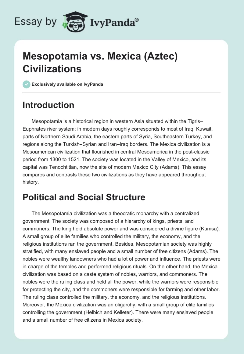 Mesopotamia vs. Mexica (Aztec) Civilizations. Page 1