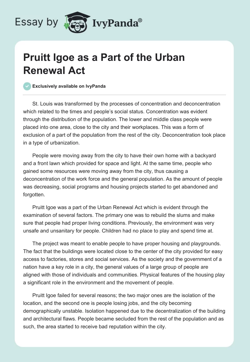 Pruitt Igoe as a Part of the Urban Renewal Act. Page 1
