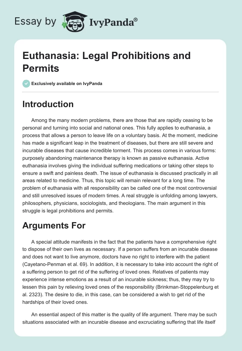 Euthanasia: Legal Prohibitions and Permits. Page 1