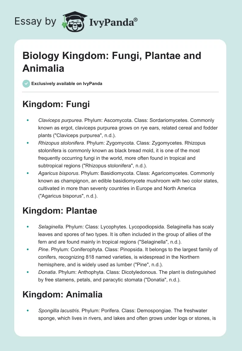 Biology Kingdom: Fungi, Plantae and Animalia. Page 1
