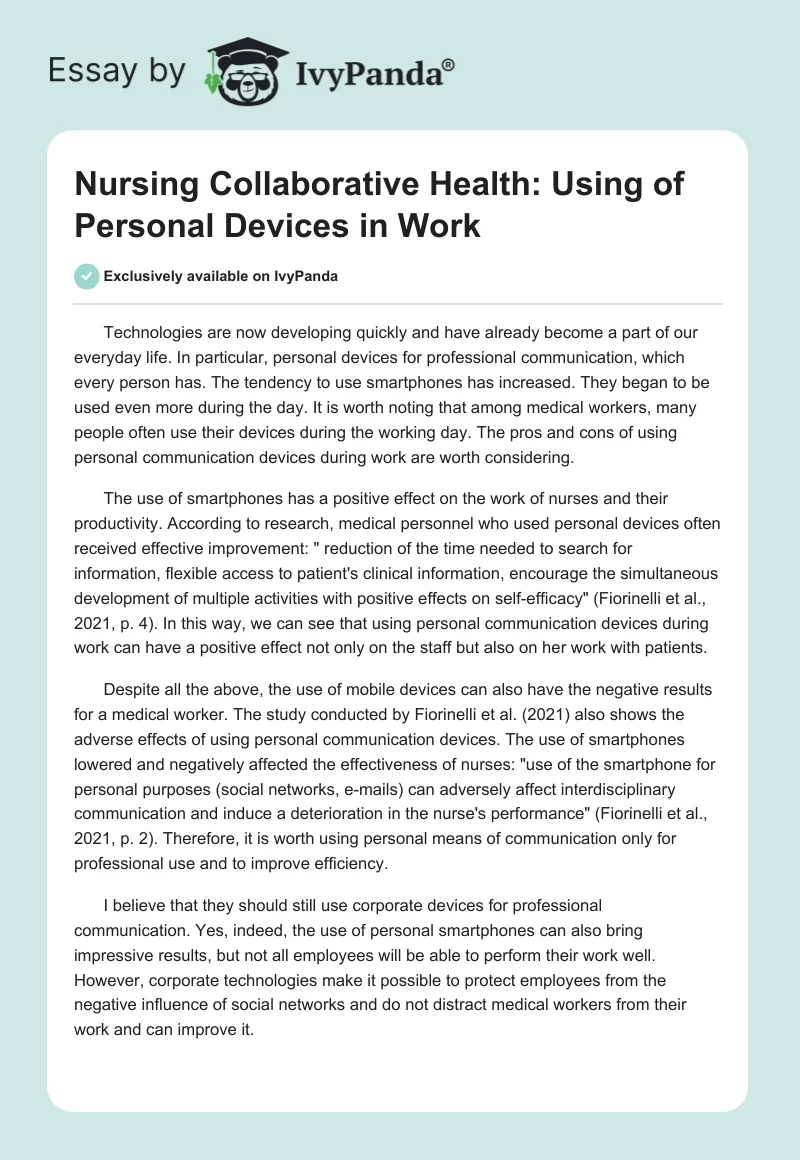 Nursing Collaborative Health: Using of Personal Devices in Work. Page 1