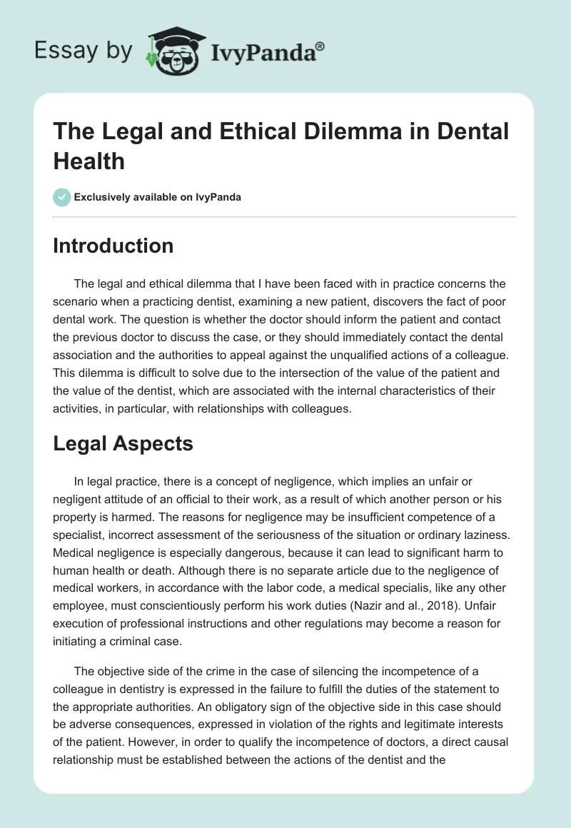The Legal and Ethical Dilemma in Dental Health. Page 1