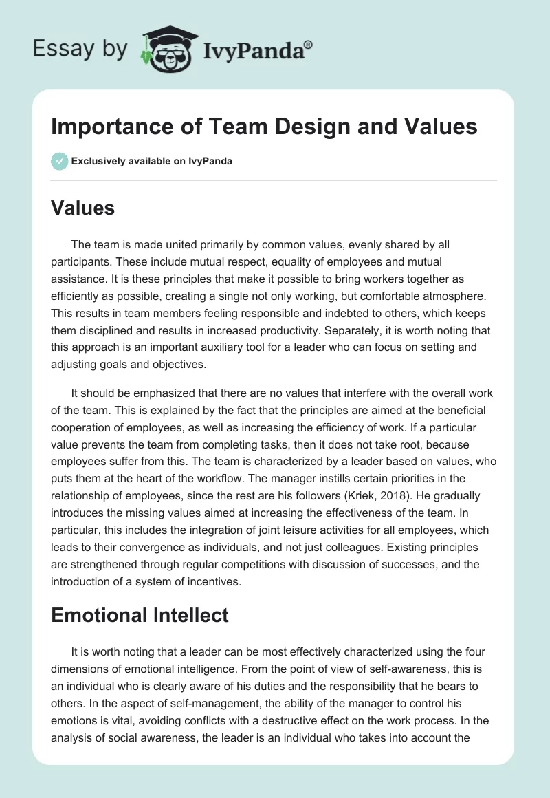 Importance of Team Design and Values. Page 1
