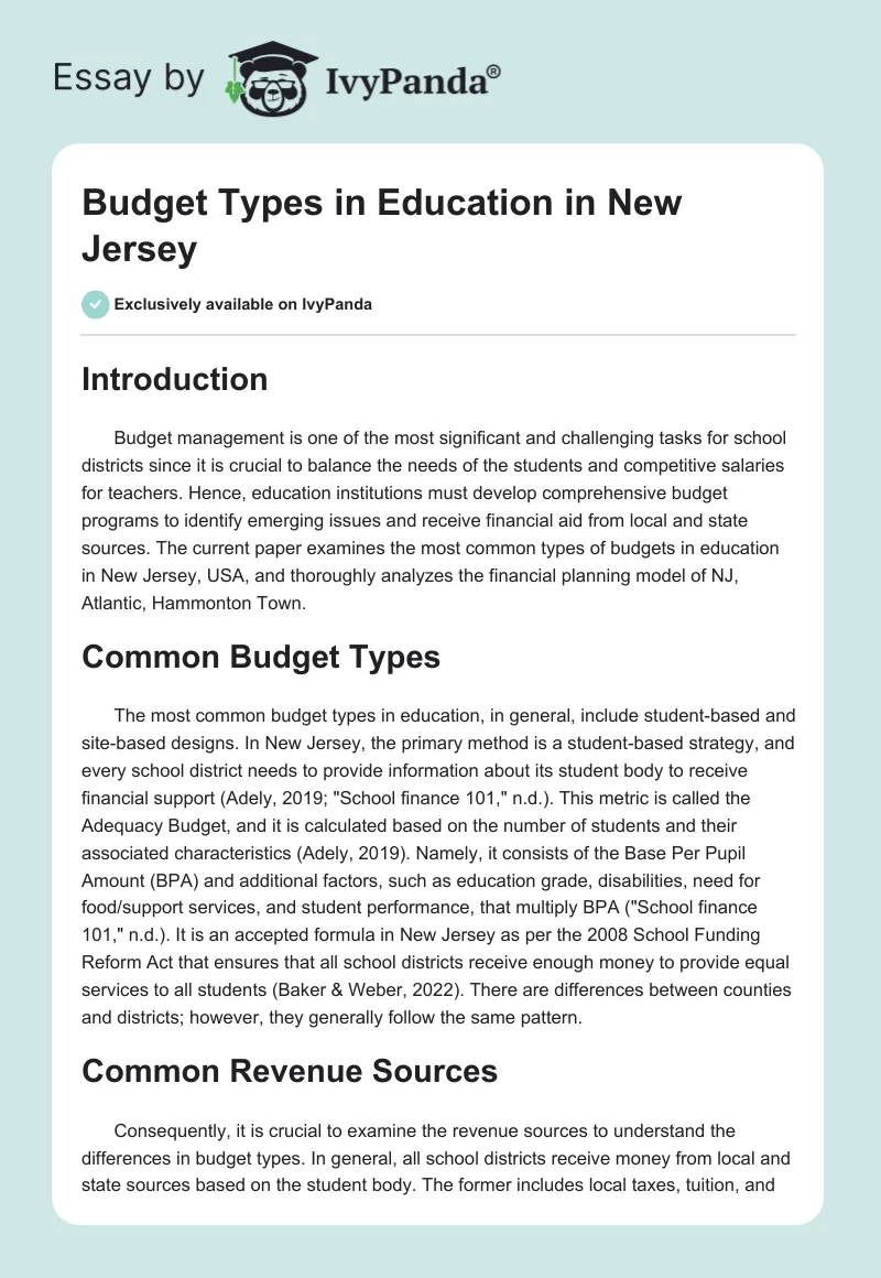 Budget Types in Education in New Jersey. Page 1