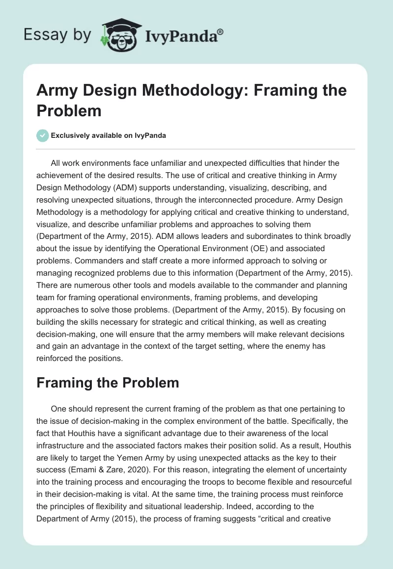 Army Design Methodology: Framing the Problem. Page 1