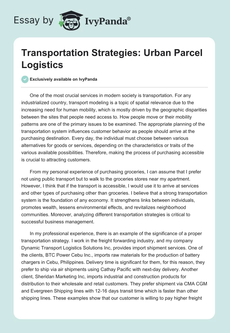 Transportation Strategies: Urban Parcel Logistics. Page 1