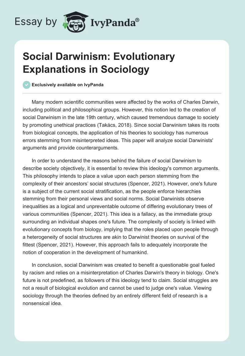 Social Darwinism: Evolutionary Explanations in Sociology. Page 1