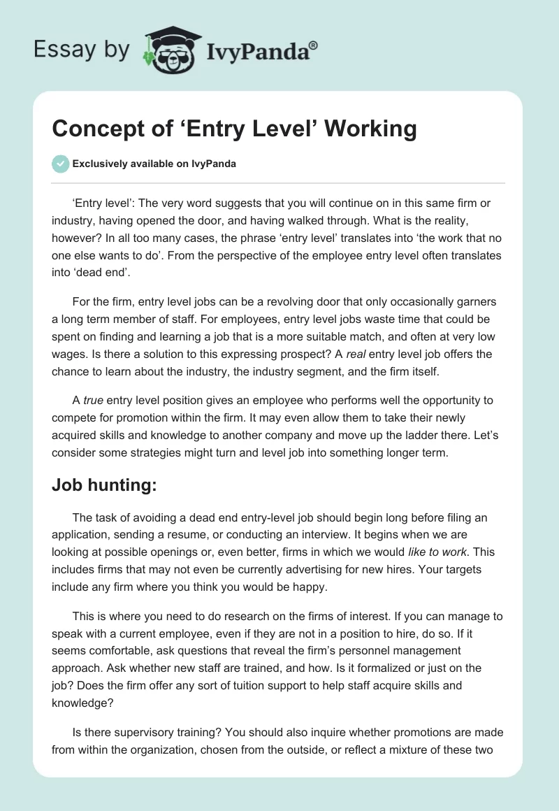 Concept of ‘Entry Level’ Working. Page 1