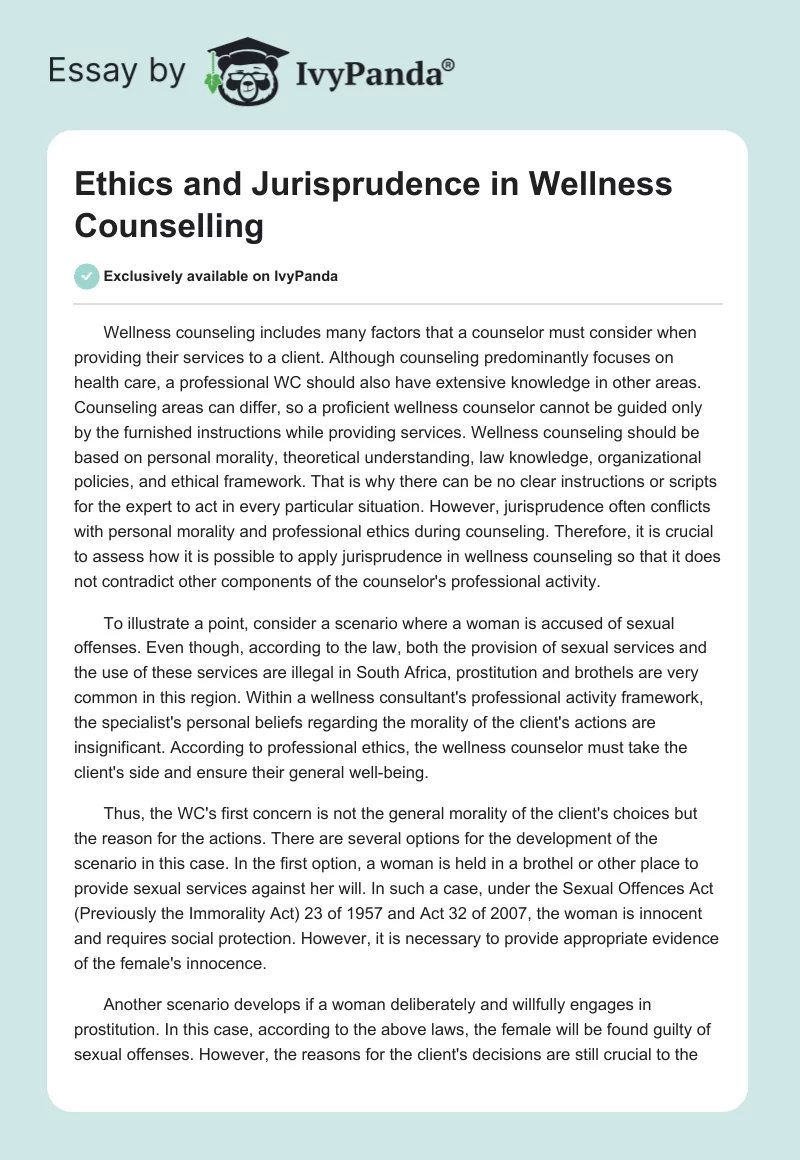 Ethics and Jurisprudence in Wellness Counselling. Page 1