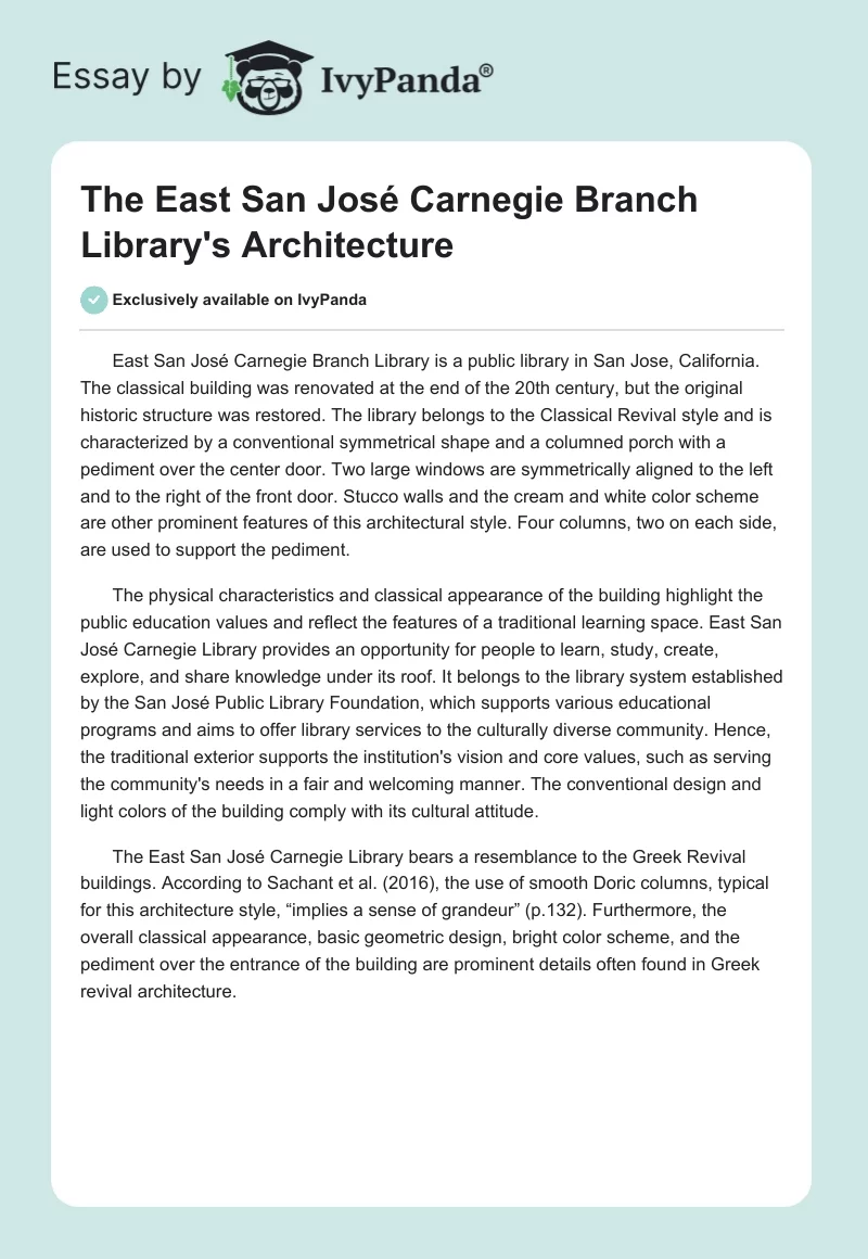 The East San José Carnegie Branch Library's Architecture. Page 1