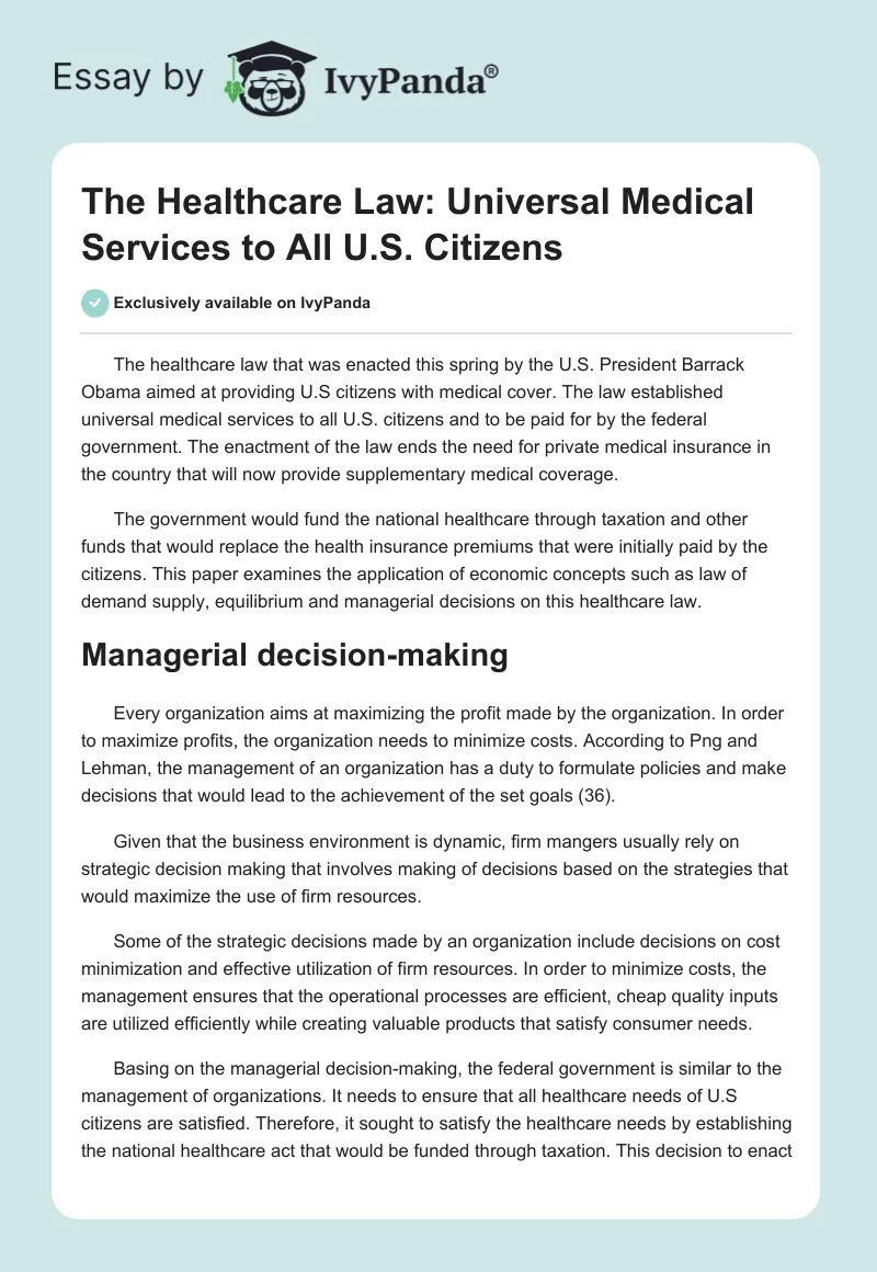 The Healthcare Law: Universal Medical Services to All U.S. Citizens. Page 1