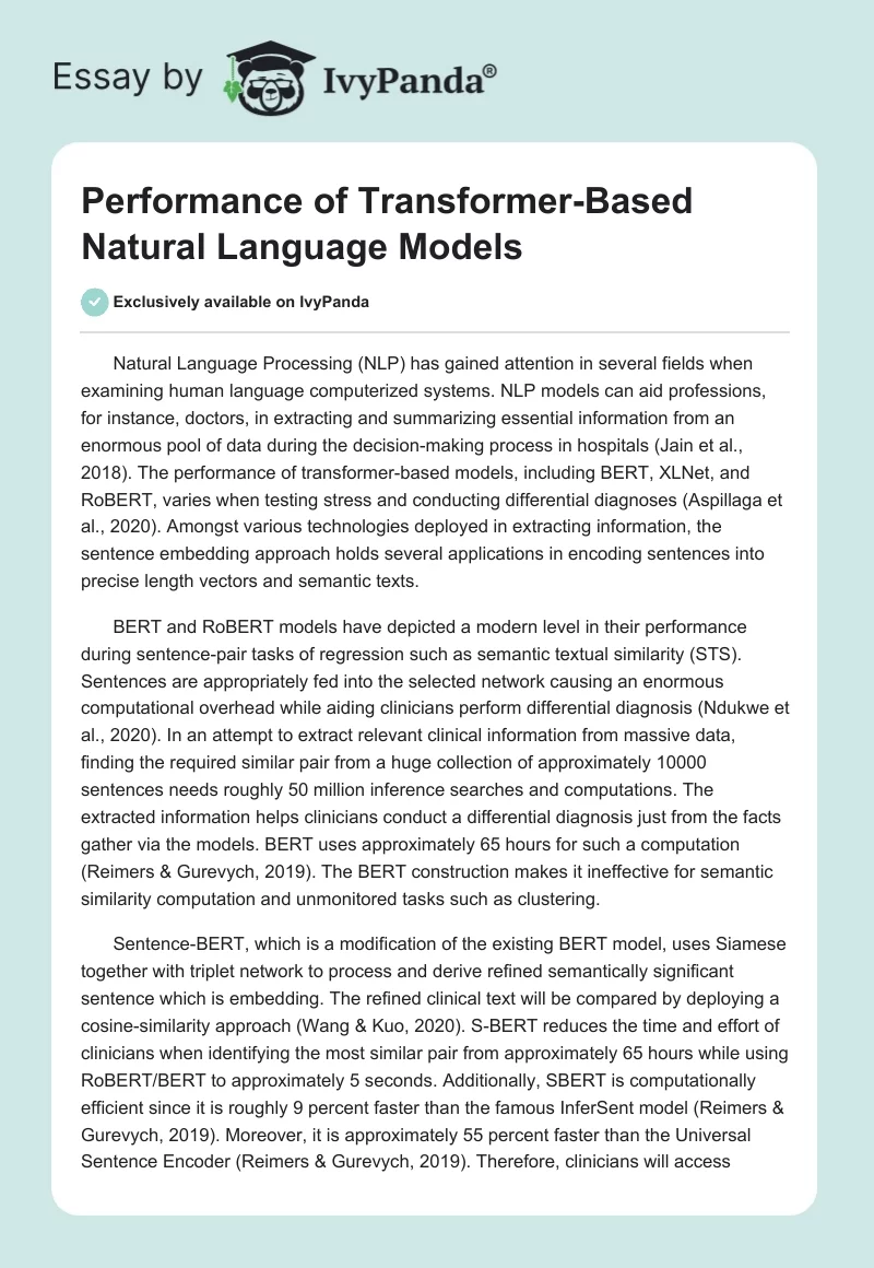 Performance of Transformer-Based Natural Language Models. Page 1