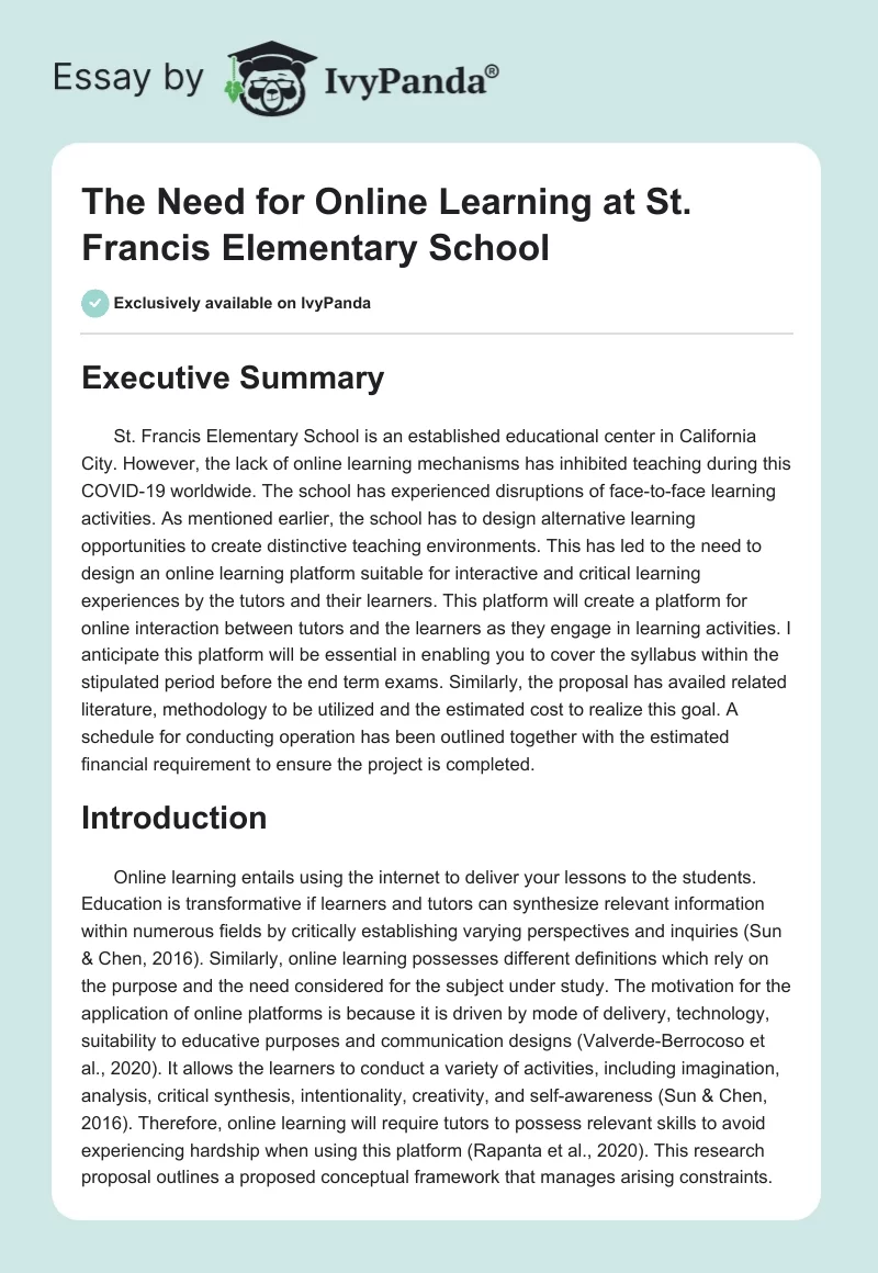 The Need for Online Learning at St. Francis Elementary School. Page 1