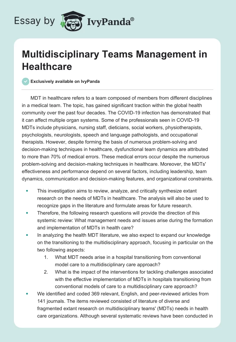 Multidisciplinary Teams Management in Healthcare. Page 1