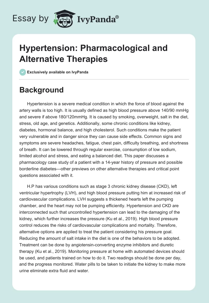 Hypertension: Pharmacological and Alternative Therapies. Page 1
