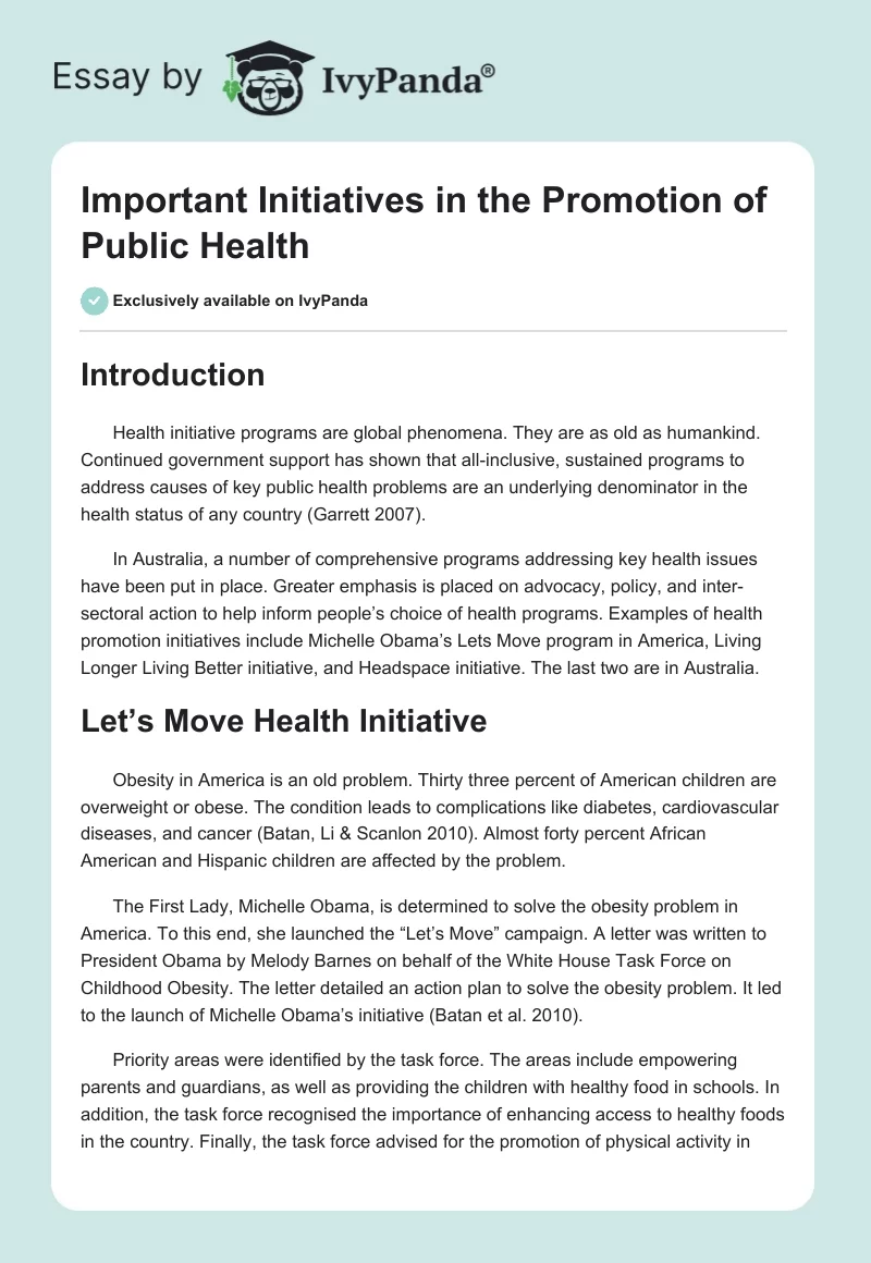 Important Initiatives in the Promotion of Public Health. Page 1