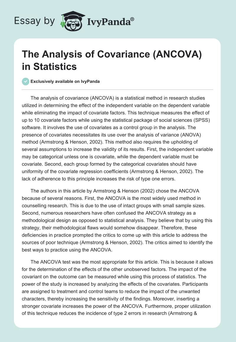 The Analysis of Covariance (ANCOVA) in Statistics. Page 1