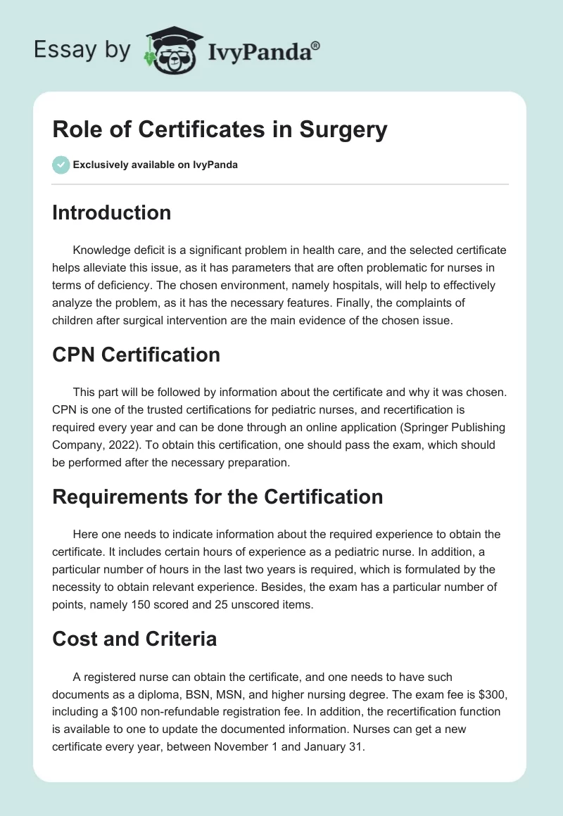 Role of Certificates in Surgery. Page 1