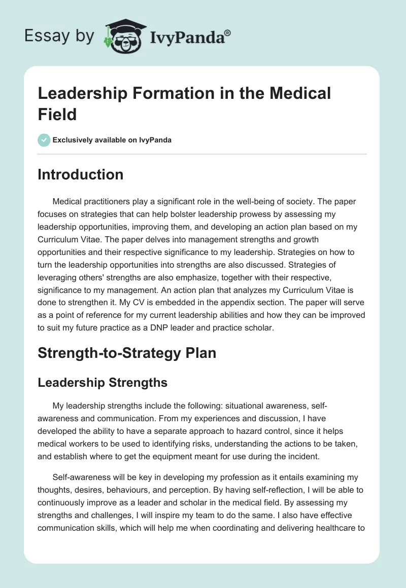 Leadership Formation in the Medical Field. Page 1