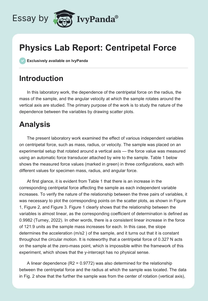 Physics Lab Report: Centripetal Force. Page 1