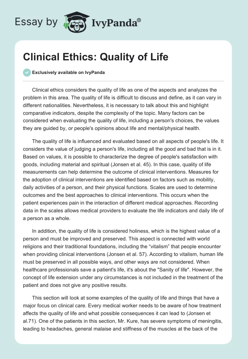 Clinical Ethics: Quality of Life. Page 1