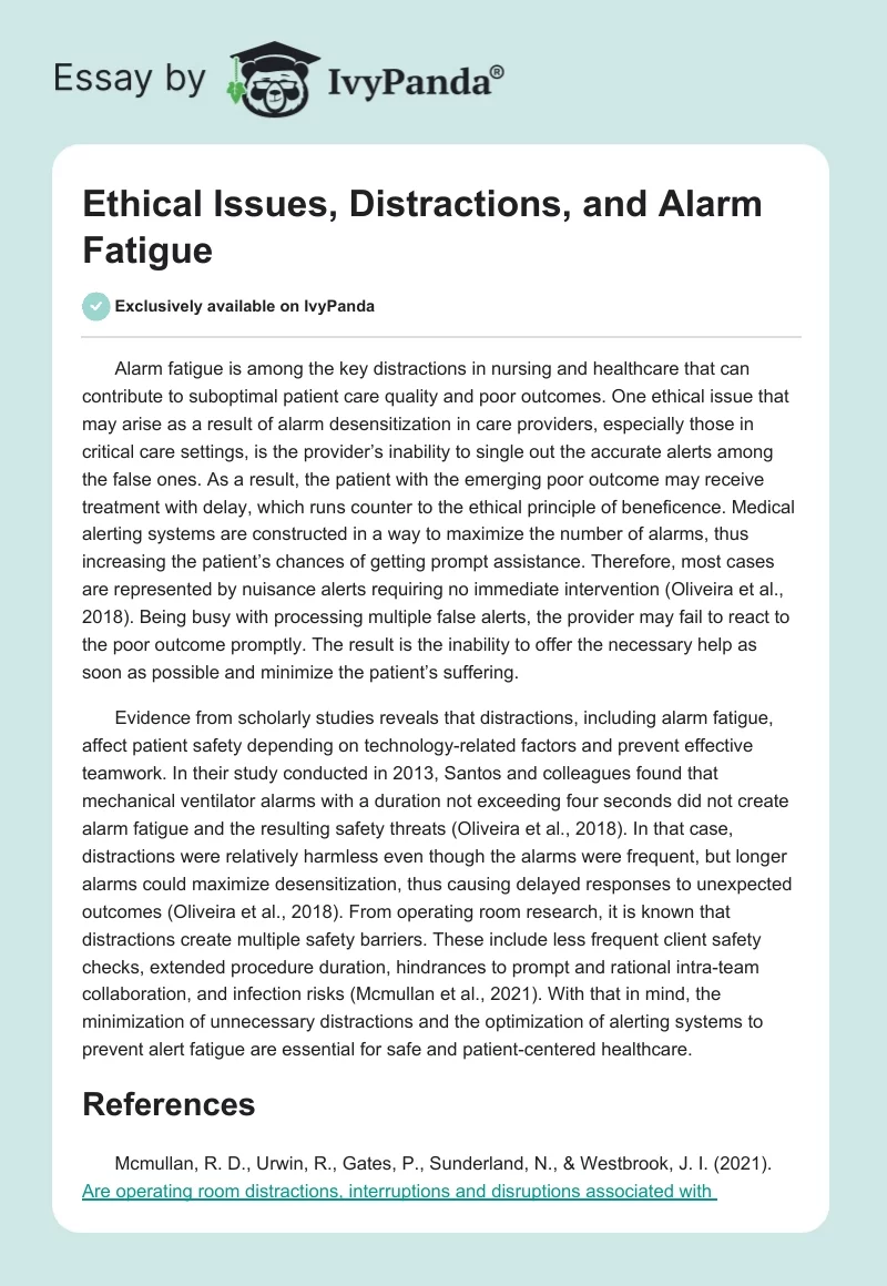 Ethical Issues, Distractions, and Alarm Fatigue. Page 1
