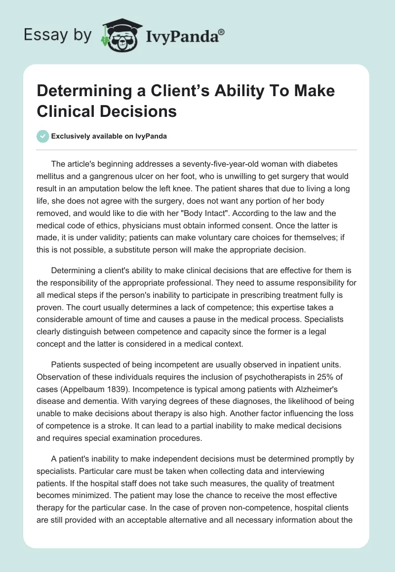 Determining a Client’s Ability To Make Clinical Decisions. Page 1
