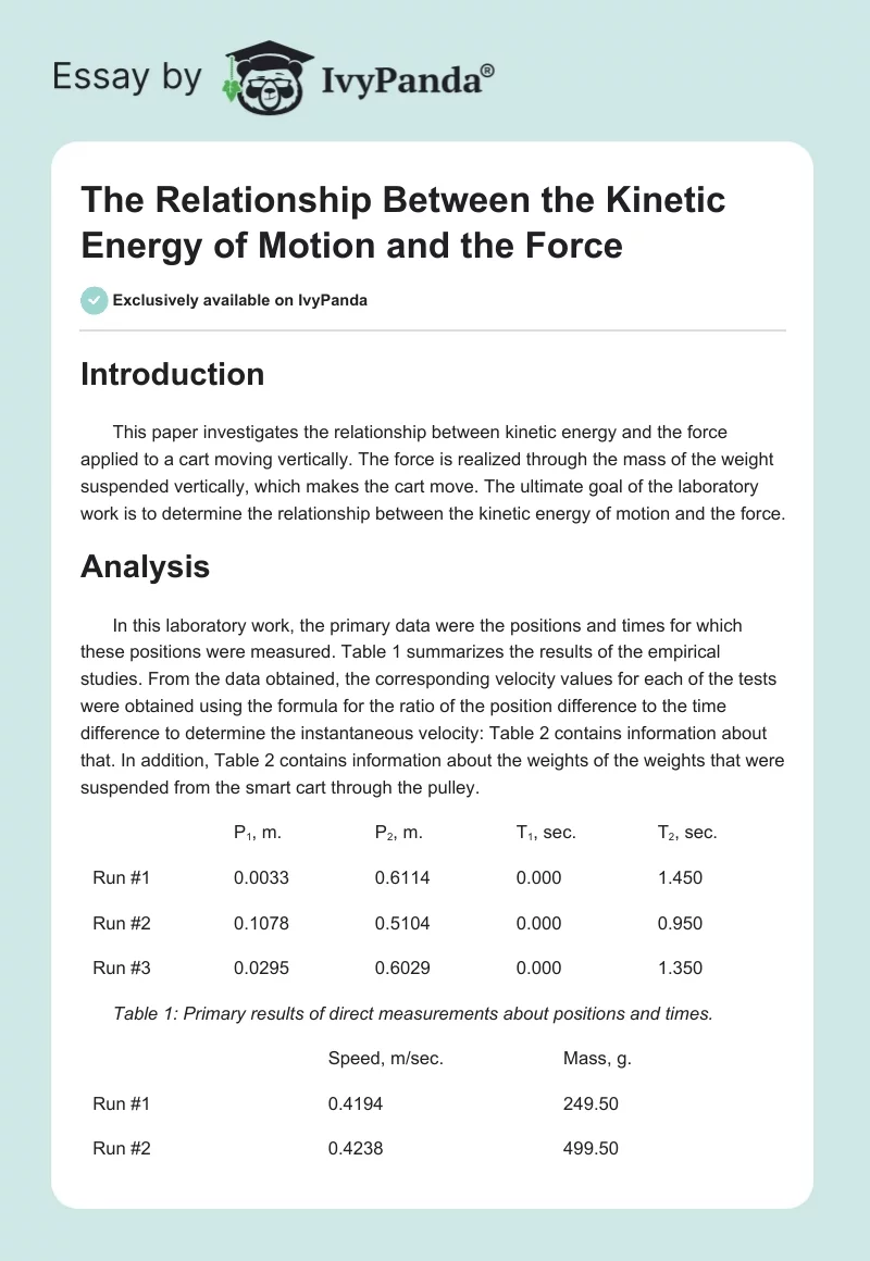 The Relationship Between the Kinetic Energy of Motion and the Force. Page 1