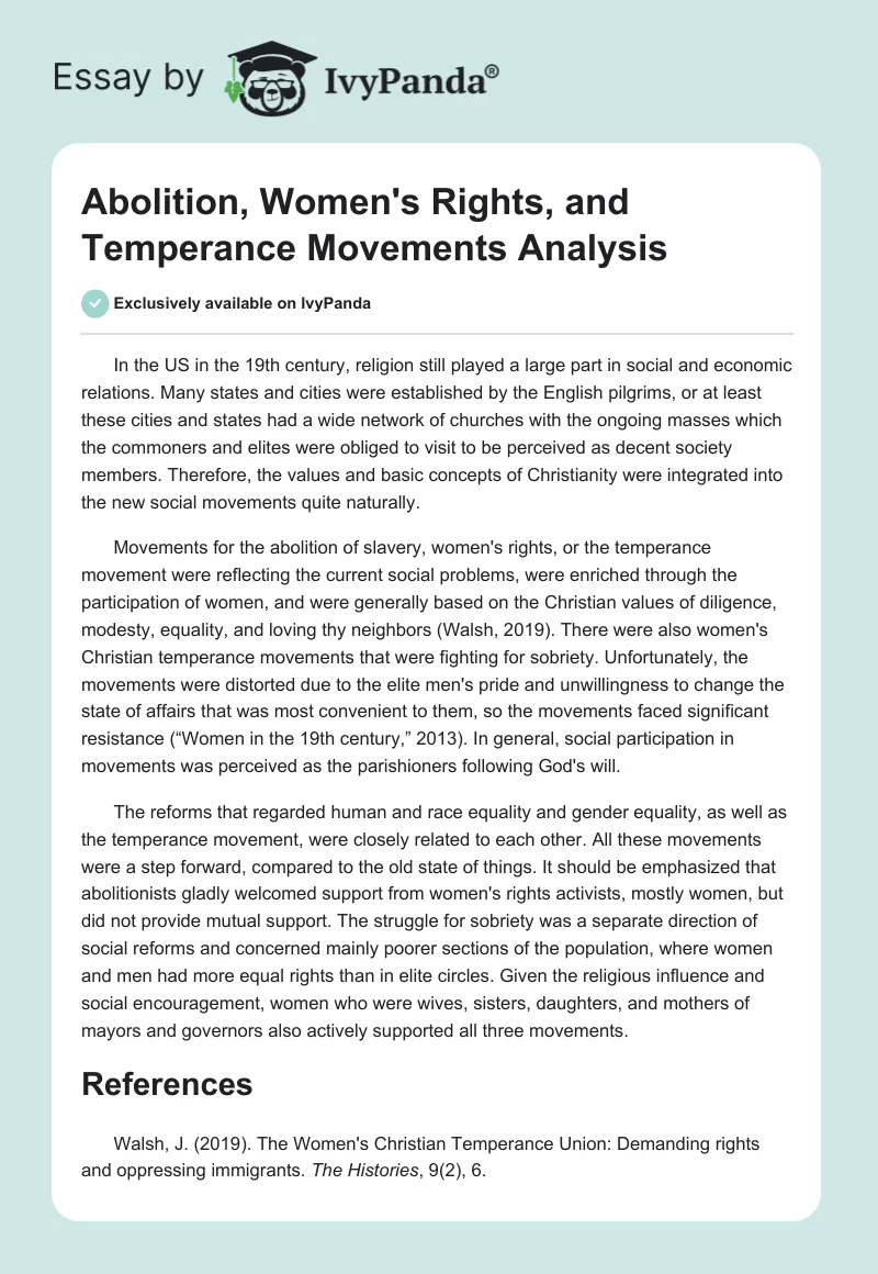 Abolition, Women's Rights, and Temperance Movements Analysis. Page 1